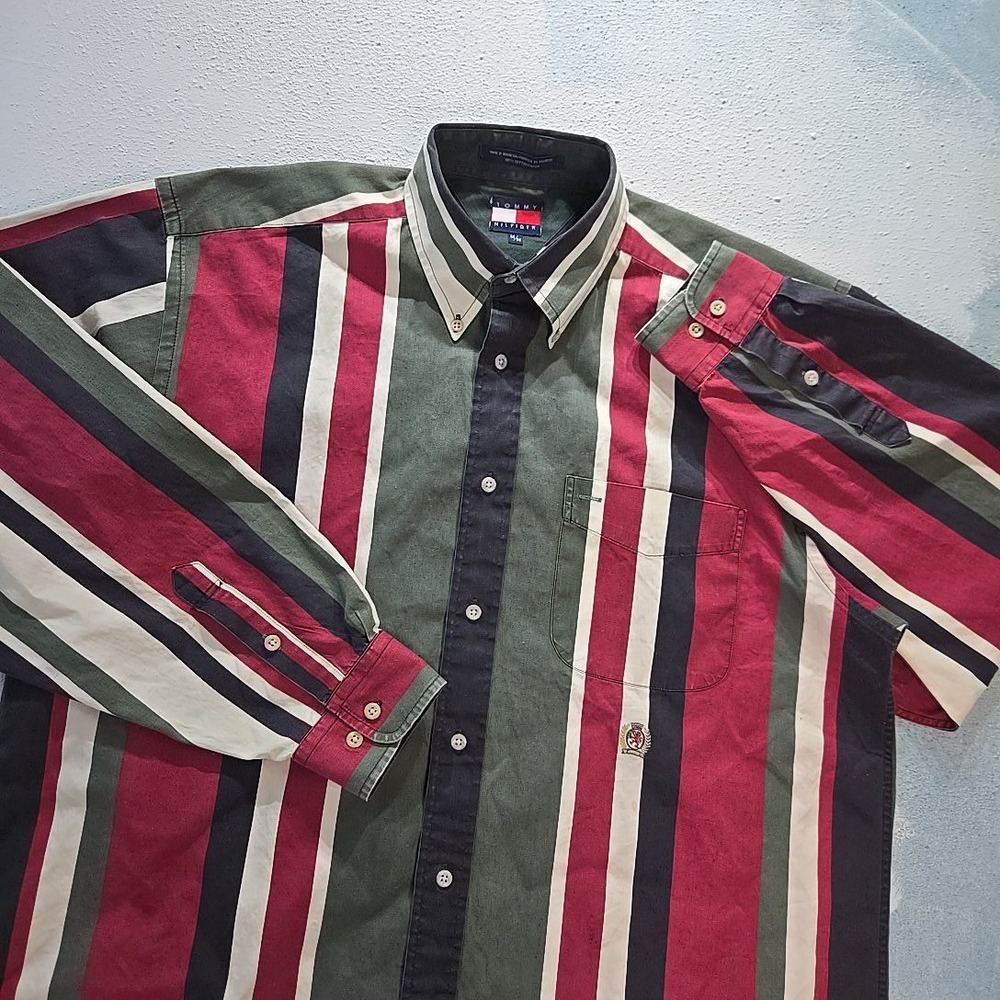 Tommy Hilfiger Red Green Black Cream Striped Button-Down Shirt